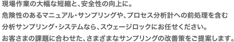 現場作業の大幅な短縮と、安全性の向上に。危険性のあるマニュアル・サンプリングや、プロセス分析計への前処理を含む分析サンプリング・システムなら、スウェージロックにお任せください。お客さまの課題に合わせた、さまざまなサンプリングの改善策をご提案します。