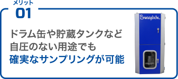 メリット01 ドラム缶や貯蔵タンクなど自圧のない用途でも確実なサンプリングが可能