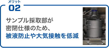 メリット02 サンプル採取部が密閉仕様のため、被液防止や大気接触を低減