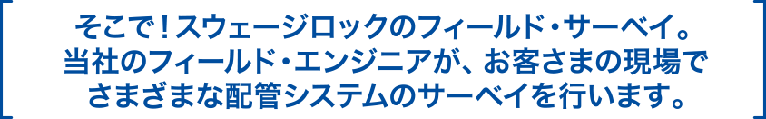 そこで！スウェージロックのフィールド・サーベイ。当社のフィールド・エンジニアが、お客様の現場でさまざまな配管システムのサーベイを行います。