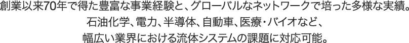 創業以来70年で得た豊富な事業経験と、グローバルなネットワークで培った多様な実績。石油化学、電力、半導体、自動車、医療・バイオなど、幅広い業界における流体システムの課題に対応可能。